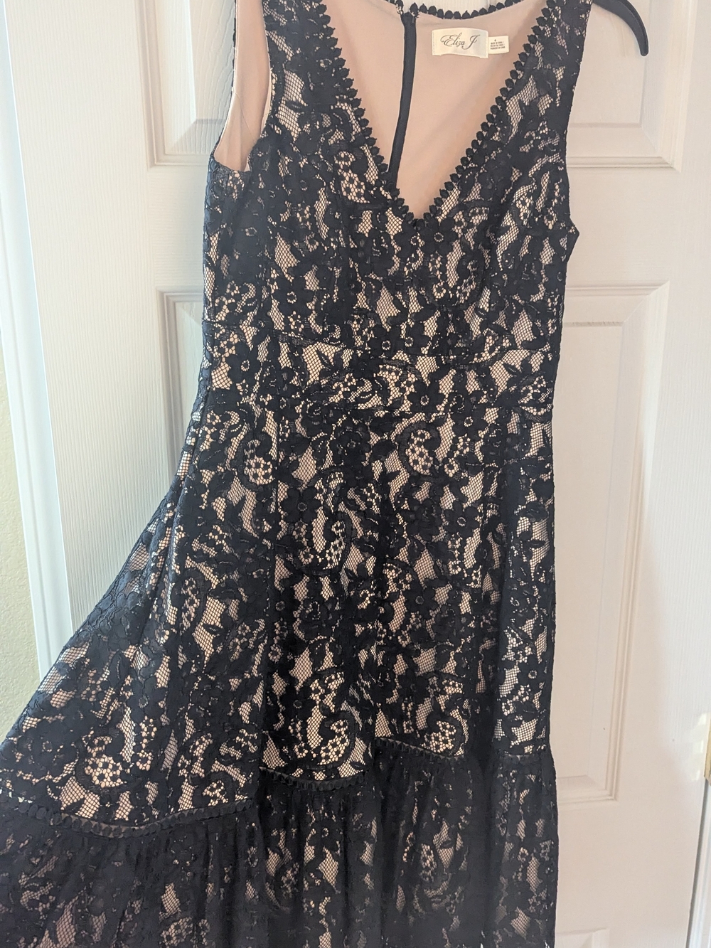 Eliza J Black Lace Midi Dress with Nude Underlay